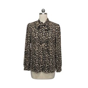 J.Crew Womens Leopard Print Tie Neck Long Sleeve Button Down Blouse Tan Black S